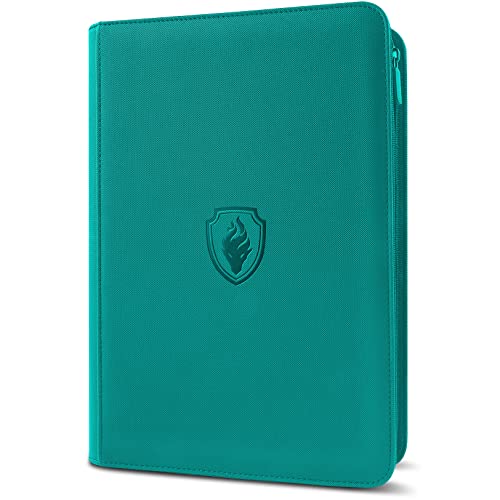 Premium Zip Card Binder, Fabmaker 9 Pocket Trading Card Binder, PU Cover Zipper Card Collection Album, Sturdy 360 Side-Loading Card Folder Holder for Game & Sports Cards, Turquoise