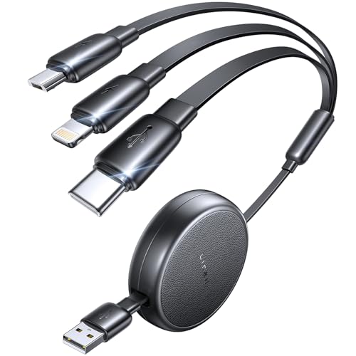 LISEN Multi Ladekabel Einziehbar für iPhone 17, 3A Ladekabel 3 in 1 Schnellladekabel mit Micro/Type C/Lighting USB C Kabel für iPhone 15/14/13/12/11,iPad Pro, Samsung Galaxy S22/S20/S10,Kindle,Schwarz