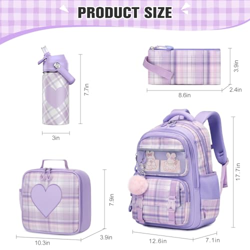 Bevalsa Kids Backpack for Girls with Insulated Water Bottle, Plaid Pink Bookbag Backpack for Girls Kid, 14oz Termos Kids Water Bottle Stainless Steel, Lunch Bag & Pencial Case, Back To School Gift2