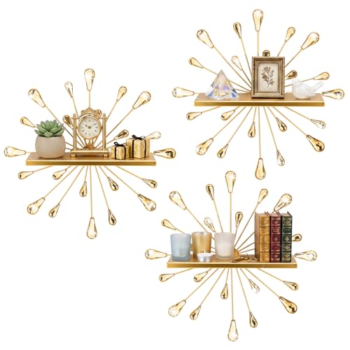Image of Yaocom 3 Pcs Bling Crystal Floating Shelves Metal Starbursts Wall Decor Folding Shelf Gold Corner Shelves Hanging Wall Mounted for Storage Bedroom Bathroom Living Room Kitchen Office Home Decoration