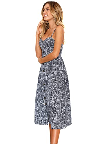 Image of YMING Womens Summer Spaghetti Strap Dresses Button Down Floral Sundress High Waist Swing Midi Dress with Pockets