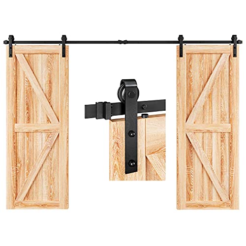 EaseLife 10 FT Double Door Sliding Barn Door Hardware Track Kit Basic J Pulley Heavy Duty Slide Smoothly Quietly Easy Install (10FT Track Kit for Double 30 Wide Door)