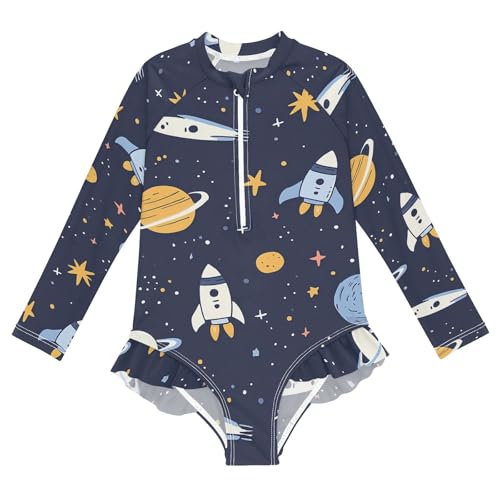 ALAZA Swimsuit for Girls Long Sleeve Rashguard Bathing Suit Cartoon Planet Space Quick Dry 4T