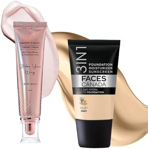 FACESCANADA Rose Glow Kit|Rose Gold Strobe Cream (30ml) + Absolute Ivory All Day Full Hydra Matte Mini Foundation (18ml)|Makeup Kit For Women (Combo Pack of 2)