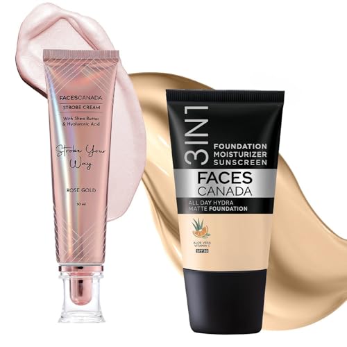 FACESCANADA Rose Glow Kit|Rose Gold Strobe Cream (30ml) + Absolute Ivory All Day Full Hydra Matte Mini Foundation (18ml)|Makeup Kit For Women (Combo Pack of 2)