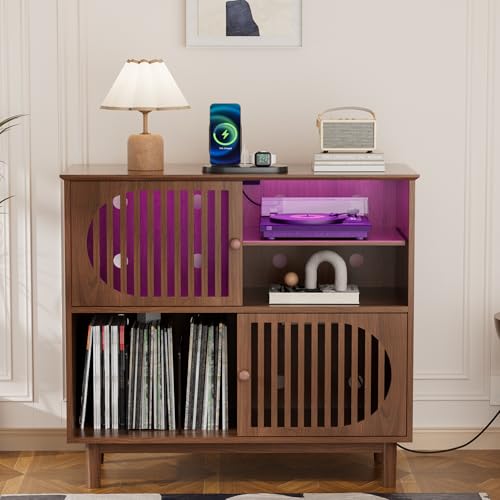 Large Record Player Stand with Storage & LED Lights, Vinyl Record Storage Cabinet with Charging Station Holds Up to 350 Albums, Mid Century Modern Turntable Stand for Living Room (Walnut)