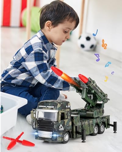 Image of Military Two Missile Launcher Truck with Lights & Sounds - Pull Back & Go Missile Model for Kids - Missiles Military Die Cast Fighting Truck Gift for Kids (Multicolor)