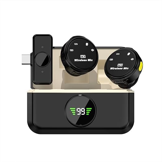 Q8 Dual Wireless Lavalier Microphone with LED Display Case, Noise Cancelling Lapel Microphone for YouTube, Vlogging, Recor...