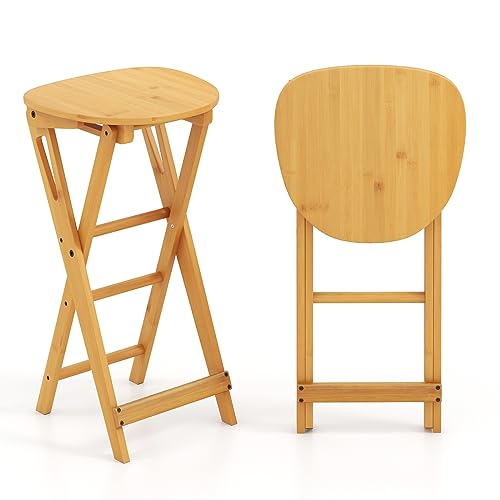 HOMASIS Lot de 2 tabourets de Bar Pliables en Bambou,Tabouret Haut avec 3 Repose-Pieds,Chaise de Salle à Manger Portable pour Salon - sans Installation -...