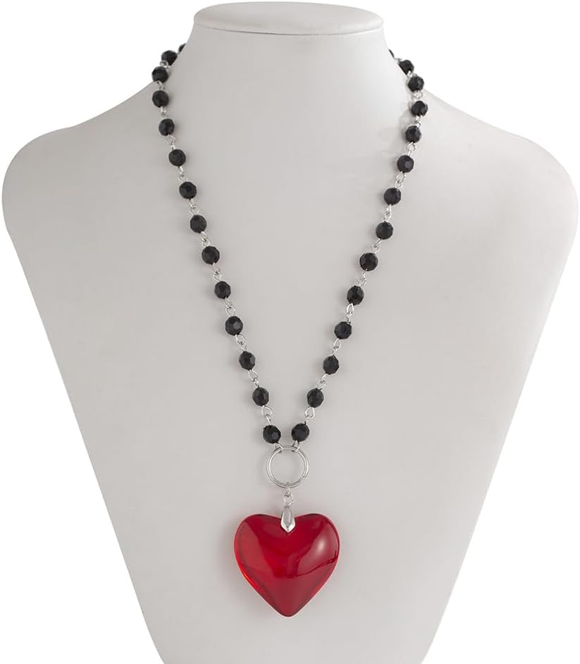 Gothic Beaded Crystal Red Black Heart Pendant Necklace Emo Puffy Large Heart Necklace Halloween Christmas New Year Jewelry Gift for Women