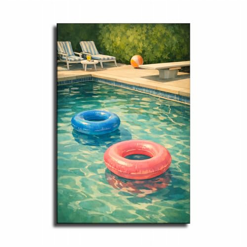 Endless Summer Wall Art, Pool Floaties Vertical Poster, Swimming Pool Print, Water Painting, Coastal Decor (Framed,08×12 inch)