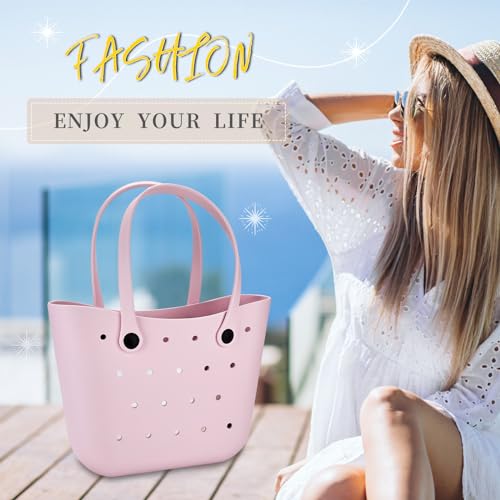 HHSME Beach Bag Rubber Tote Bag, Travel Tote Bag Waterproof Sandproof, Washable Open Tote Bag for Boat Pool Camping, Travel Camping Beach Sports Handbag, Pink