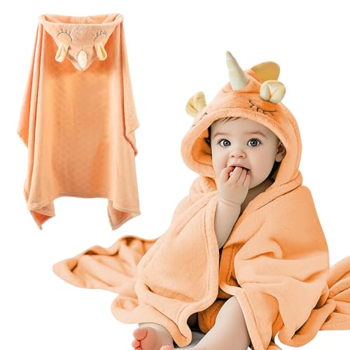 Image of Baby Hooded Towel - Ultra Soft Coral Fleece | Instant Dry & Super Absorbent | for Newborn to Toddler 0-5 Years | 31.5 inch x49.2 Inches -Unicorn Orange