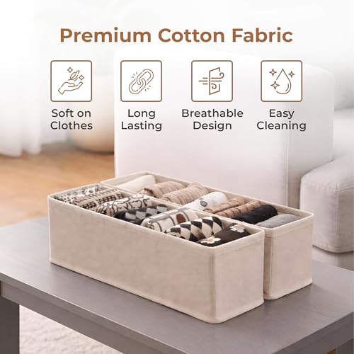 Image of HomeEssentials Drawer Organizers - Socks Organizer,Wardrobe Organizer for Socks, Bra, Panty, Lingerie,Ties Storage,Durable,Space-Saving Drawer Box for Household Use,Cotton Material (Pack Of 4), Beige