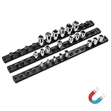 ALOANES Magnetic Socket Organizer Set, 3-Piece Heavy Duty Aluminum Socket Holder Socket Rail Organizer for Tool Box, 360°Swivel Clips Socket Rack 1/4, 3/8, 1/2-Inch x 40 Clips (Black)