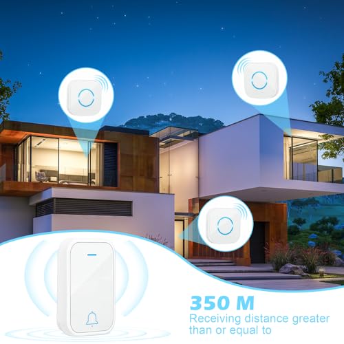 VFANDV Funkklingel, Funk klingel Set Aussen Wasserdicht, Türklingel Batteriebetrieben, 59 Melodien, 1 Plug-In-Empfänger und 1 Sender mit 4 Lautstärkestufen und LED-Blitz (Weiß)