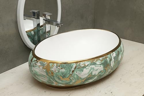 HISRE Designer Ceramic Table Top Sink Basin for Bathroom | Over Counter Wash Basin for Living Room | Washbasin Countertop (24 x 17 x 5.5 Inch) (Style - 8) G3903