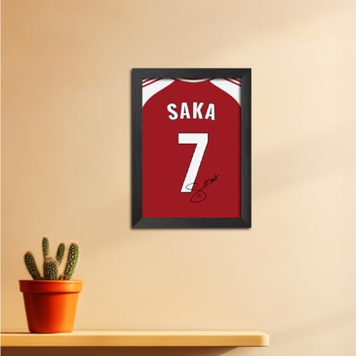 Image of TenorArts Bukayo Saka Poster Frame Arsenal Jersey Laminated Photo Print Signature Framed Painting with Matt Finish Black Texture (12 inches x 9inches)