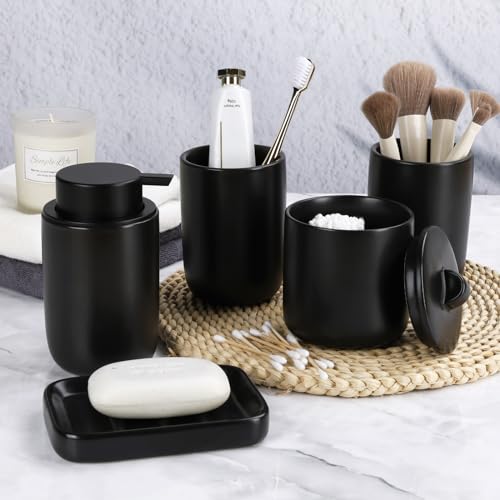 Image of BosilunLife Black Ceramic Bathroom Accessories Set of 4 | Bathroom Decor Sets Accessories Bathroom Foam Soap Dispenser and Toothbrush Holder Set, Soap Dish, Apothecary Jars.(Foam)