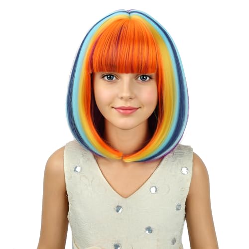 Image of PATTNIUM Colorful Bob Wig Short Rainbow Straight Wig with Bangs Cosplay Party Synthetic Rose Net Daily Wear Wig