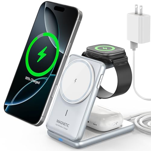 3-in-1 Magnetic Wireless Charger: 2025 Travel Fast Charging Station for iPhone 16 15 14 - Apple Watch Ultra SE 9 8 - Pro 4 3 - Desk Charger Stand with 18W Adapter for Multiple Devices (White)
