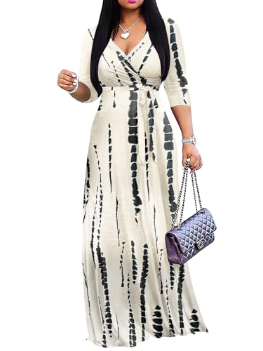 Image of Yajedo Womens Casual Summer Maxi Dress Plus Size Sexy Wrap V Neck 3 /4 Sleeve Sundress with Pockets