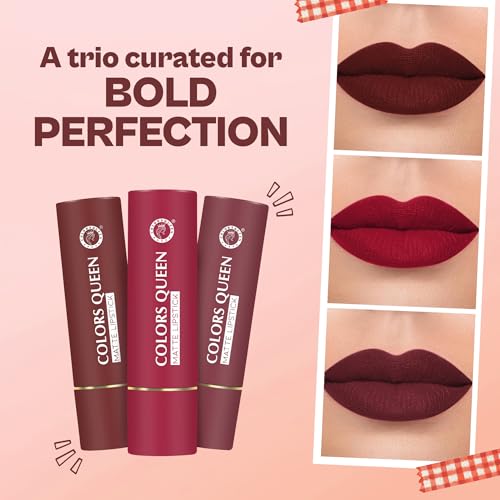 Image of Colors Queen Lippie Pack of 3 Matte Lipsticks for Women Enriched with Jojoba Oil & Vitamin E | Lightweight & Long Lasting | Creamy Smooth Texture, Nourishing Formula | One Swipe Application (Combo - 03, 15g)