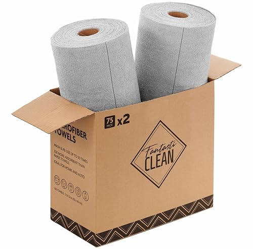 Fantasticlean Microfiber Cleaning Cloth Roll -150 Pack, Tear Away Microfiber Towels, 12" x 12", Reusable, Washable, Ultra Absorbent Dishcloth for All-Around Cleaning Supplies (2 Rolls of Grey)