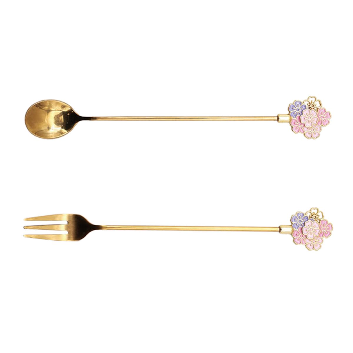 SHOWERORO 8 Piezas Cuchara De Flor De Cerezo Cucharas De Cafe Mini Tenedores Cuchara De Café Japonesa Cuchara Bistró Cucharas Para Cocteles Cuchara De Mesa Acero Inoxidable Golden