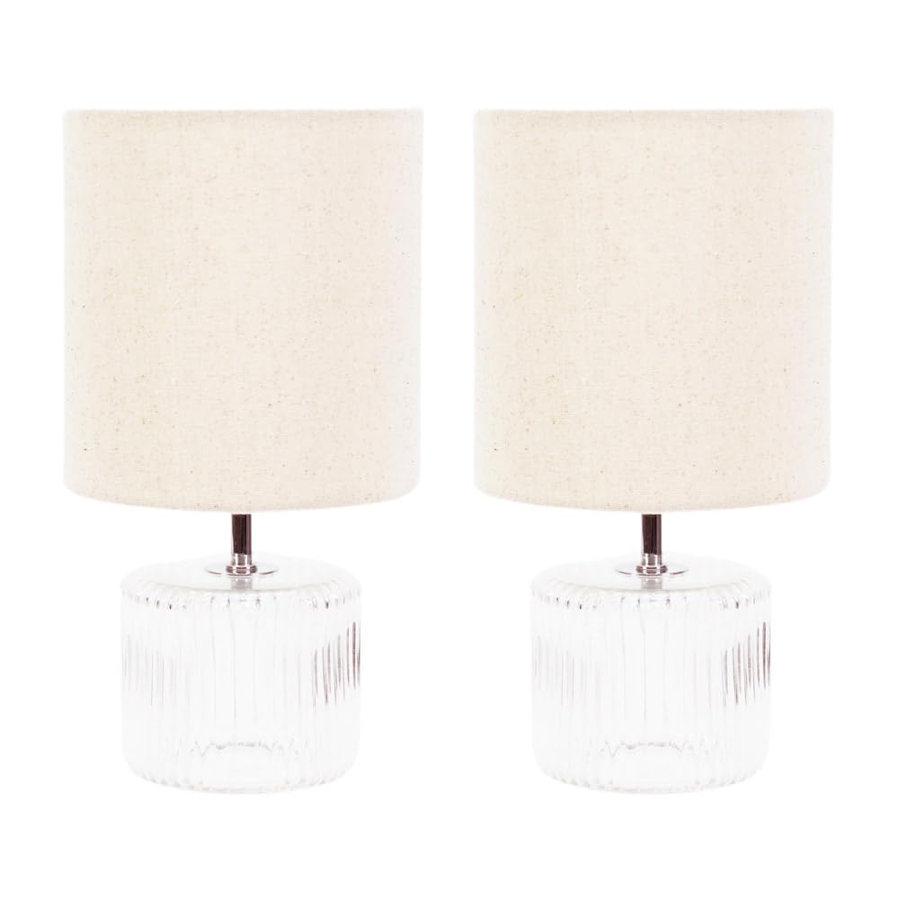 ValueLights Betty Pair of Glass Table Lamsp with Fabric Lamp Shades & LED Bulbs in Natural