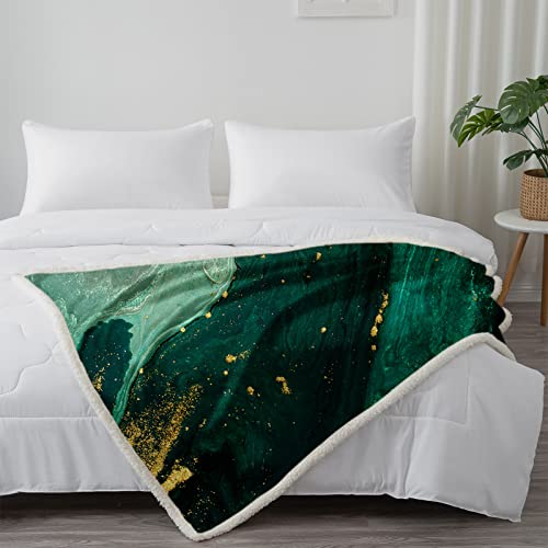 Toptree Green Marble Throw Blanket - Soft Sherpa Emerald Green Throw Blanket With Gold Powder Plush Fuzzy Green Agate Ripple Blanket For Couch, Bed, Sofa, Travel, Camping, 50" X 60" #TOP3