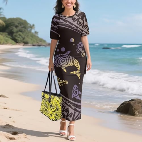 Image of Puletasi Samoan Traditional 2 Piece Outfits for Women Short Sleeve Crop Top and Maxi Skirt Sets Puletasi Dress