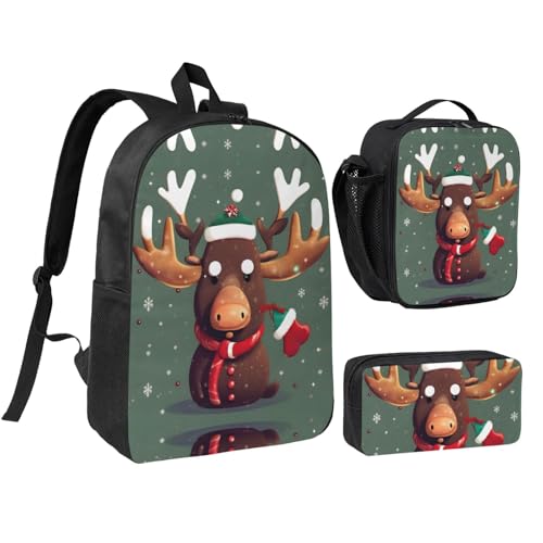 Sac à dos d'école cadeau de Noël tête d'élan amusant avec accessoires scolaires