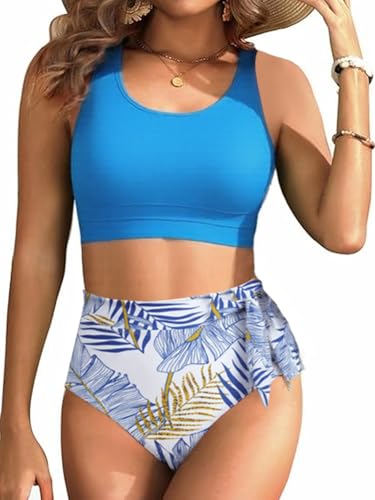 Rayson Traje de Baño para Mujer de 2 Piezas Cintura Alta Estampado Floral Conjunto de Bikini Lazos Laterales（Azul,S）