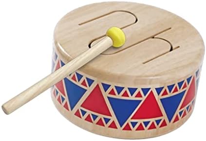 PlanToys Solid Drum Toddler Musical Instrument - Sustainably Made from Rubberwood Featuring Organic-Pigment Coloring and Water-Based Dyes Featuring Drumstick with Rubber Head