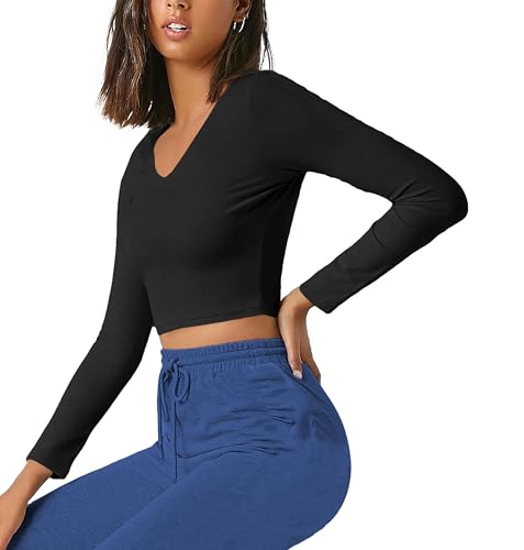 Image of THE BLAZZE Women's Cotton Stylish Stretchable Deep V Neck Long Sleeve Crop Top for Women L516