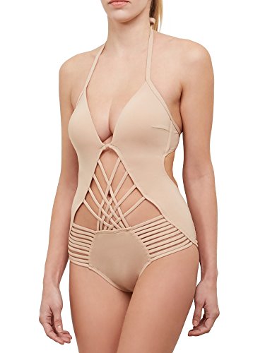 Kenneth Cole New York Women's Strappy Cut Out Halter One Piece Swimsuit, Sand // Sexy Solids, Small
