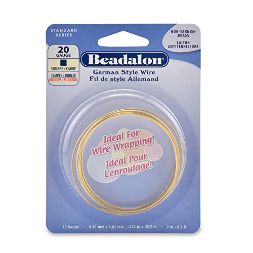 Beadalon German Style Wrapping Wire, Square, Tarnish Resistant Brass, 20 Gauge, 2 m / 6.5 ft