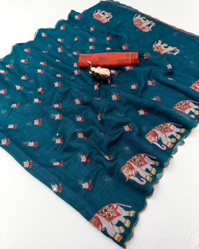 Image of Women's Linen Cotton Blend Saree Multicolor Ikat Brush Print Scalloped Border with Floral Print Unstitched Blouse Piece