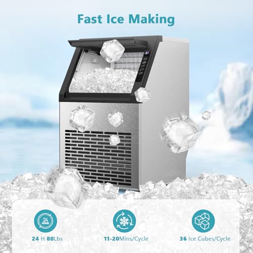 COWSAR Commercial Ice Maker Machine, 80Lbs/24H Stainless Steel Undercounter Ice Maker with 24Lbs Storage Capacity, Self-Cleaning Freestanding Ice Machine for Home, Bar, Restaurant, Office, Outdoor by COWSAR - Image 2