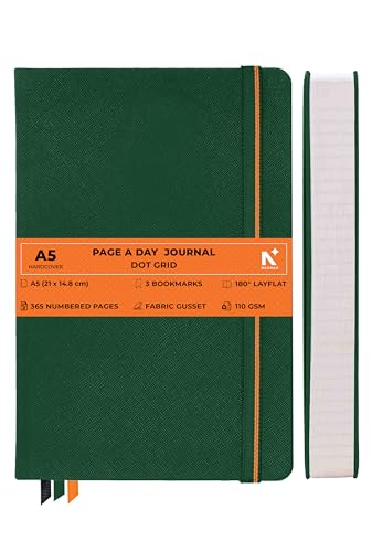 Image of NEORAH -A5 DOTTED | 368 Pages - 110 Gsm | PAGE A DAY JOURNAL (21x14.8 cm)-Hardcover Dot Grid Notebook |Back Pocket |3 Silk Book Mark - Completely HANDMADE for Journaling,writing - DARK GREEN