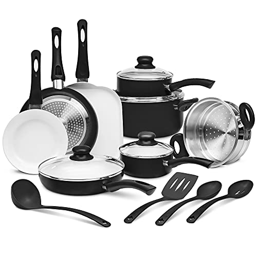 Ivation Ceramic Cookware | 16-Piece Nonstick Cookware Set with Induction Base, SoftGrip Handles & Clear Glass Lids | Compatible with Induction, Ceramic, Gas, Electric & Halogen Cooktops | Black