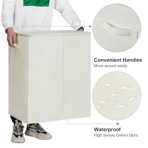 Image of WOWLIVE 140L Double Laundry Hamper with Lid and Removable Laundry Bags, Large Dirty Clothes Hamper 2 section Collapsible Laundry Basket Dorm Room Storage for Bedroom, Bathroom, College,Beige