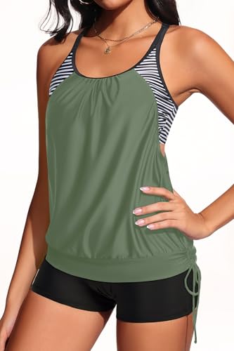 Image of Holipick Blouson Tankini Swimsuits for Women - Two Piece Tummy Control Bathing Suit with Shorts Modest Swimwear