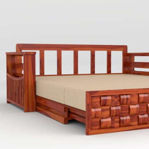 Image of Solid Sheesham Wood Sofa Cums Bed with Mattress & Storage | Rosewood Convertible Sofa Bed for Living Room & Bedroom (G-Honey, 3 Seater)