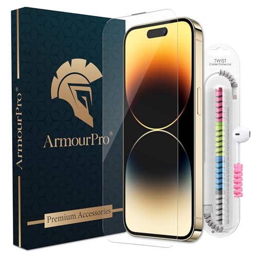 Image of ArmourPro Military-Grade Borderless Tempered Glass for iPhone 14 Pro (6.1 Inches) with Edge to Edge Protector Coverage, Cable Protector and Easy Installation Kit | Anti Dust Mesh Filter