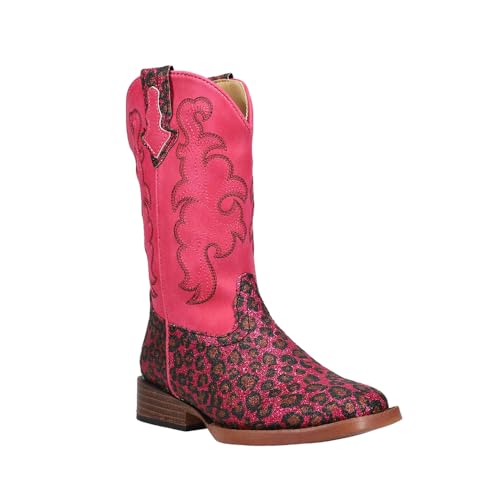 ROPER Kids Girls Wild Cat Embroidered Glitter Leopard Square Toe Casual Boots Mid Calf - Pink2