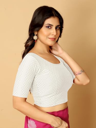 Image of Amazon Brand - Anarva Round Neck Dobby Cotton Lycra Stretchable Elbow Half Sleeve Readymade Saree Blouse for Women Stylish