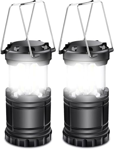 EXTRASTAR 2 Pack LED Battery Operated Lights, Portable Survival Battery Powered Lamp, Camping Lantern, Suitable for Hurricane, Emergency, Storm, Outages, Outdoor Collapsible Lanterns, Black