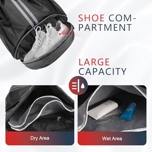 PinCute Drawstring Backpack for Women Men, Gym Bag for Soccer, Basketball, Swim, Beach, Water-Resistant Sports Backpack with Wet Pocket and Shoe Compartment, Black — view 6